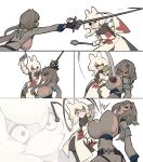  2girls absurdres armor bouncing bouncing_breasts breasts centurii-chan chainmail commentary couter disarming english_commentary fighting gauntlets grey_hair highres hitting holding holding_mace holding_shield holding_sword holding_weapon large_breasts mace multiple_girls phase_connect pipkin_pippa pipkin_pippa_(wippa) powerful_breasts rapier shield surcoat sword weapon white_hair wilhelmina_frost 