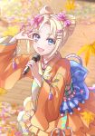  1girl :d absurdres aqua_sash blonde_hair bow bow-shaped_hair citrusmikan collarbone commentary_request cowboy_shot curtained_hair dress fang frilled_dress frills hair_bow hair_ornament heart heart_hair_ornament highres identity_(love_live!) japanese_clothes kimono kimono_dress long_sleeves looking_at_viewer love_live! love_live!_hasu_no_sora_jogakuin_school_idol_club obi obiage obijime official_alternate_costume official_alternate_hairstyle open_mouth orange_kimono osawa_rurino parted_bangs pink_bow sash short_hair smile solo striped_sash two-tone_sash v v_over_eye vertical-striped_sash virtual_youtuber wide_sleeves 