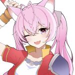  1girl :d ;d absurdres animal_ear_fluff animal_ears antenna_hair armor bo_staff brown_gloves commentary cosplay crossed_bangs double-parted_bangs eiyuu_densetsu english_commentary estelle_bright estelle_bright_(cosplay) fang fingerless_gloves gloves hair_between_eyes hakui_koyori high_collar highres holding holding_behind_back holding_staff holding_weapon holding_weapon_behind_back hololive jacket kaishain_ichigo leather leather_gloves long_hair looking_at_viewer one_eye_closed open_mouth pauldrons pink_hair portrait purple_eyes red_jacket shirt short_sleeves shoulder_armor simple_background single_pauldron skin_fang smile solo sora_no_kiseki staff twintails weapon white_background white_shirt wolf_ears wolf_girl 