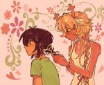  1girl 1other animal_ears animal_nose antlers arisudreemurr blonde_hair blush body_freckles bracelet braid braiding_another's_hair braiding_hair breasts brown_eyes brown_fur brown_hair buck_teeth closed_mouth commentary deer_antlers deer_ears deer_girl deltarune dress english_commentary flower freckles furry furry_female green_shirt hair_intakes hair_ornament hair_ribbon hairclip hairdressing heart highres horns jewelry kris_(deltarune) mistletoe_hair_ornament mole mole_on_neck mole_under_eye mole_under_mouth noelle_holiday parallel_hairclips red_eyes red_ribbon ribbon scar scar_on_arm shirt shoulder_freckles side_braid small_breasts teeth utdr_(toby_fox) warm_colors white_freckles yellow_dress yellow_ribbon 