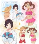  1boy 2girls :d alternate_costume arrow_(symbol) ball bangs bare_arms beachball blush blush_stickers bracelet brown_hair calem_(pokemon) clenched_hands commentary_request eyelashes flying_sweatdrops green_eyes hands_up hat heart highres holding holding_ball holding_beachball hood hoodie jewelry multiple_girls navel open_mouth pink_swimsuit pokemon pokemon_(game) pokemon_xy polka_dot polka_dot_swimsuit red_sarong sarong serena_(pokemon) shauna_(pokemon) smile sparkle spoken_blush squiggle straw_hat swimsuit thought_bubble translation_request white_hoodie yairo_(sik_s4) 