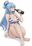  1girl absurdres aqua_(konosuba) bare_legs bikini blue_bikini blue_eyes blue_hair blush bottle breasts chascoby cleavage commentary drinking hair_rings halterneck highres holding holding_bottle kono_subarashii_sekai_ni_shukufuku_wo! large_breasts legs long_hair side-tie_bikini_bottom simple_background sitting solo string_bikini striped_bikini striped_clothes swimsuit toes triangle_bikini_top white_background white_bikini 