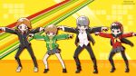  2boys 2girls amagi_yukiko black_hair black_jacket black_pants black_shoes brown_eyes brown_hair cardigan closed_mouth collared_shirt dancing full_body green_jacket grey_eyes grey_hair hairband hanamura_yousuke headphones headphones_around_neck highres houndstooth jacket long_hair long_sleeves looking_at_viewer lucky_star motteke!_serafuku multiple_boys multiple_girls narukami_yu open_clothes open_jacket open_mouth outstretched_arms pants pantyhose persona persona_4 red_cardigan red_hairband satonaka_chie school_uniform seisorrna shirt shoes short_hair skirt smile standing white_shirt yasogami_school_uniform yellow_background 