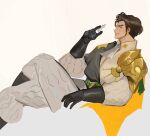  1boy black_gloves cape chess_piece claude_von_riegan claude_von_riegan_(timeskip) commentary english_commentary fire_emblem fire_emblem:_three_houses from_side gloves highres holding holding_chess_piece kaado_art king_(chess) looking_at_viewer male_focus profile smile yellow_cape 