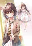  1girl :d age_progression asahina_touka black_skirt blazer blush bow bowtie brown_bow brown_bowtie brown_hair clothes_grab commentary_request diagonal-striped_clothes diagonal-striped_necktie emoji facing_viewer grabbing_another's_shirt highres ikusei_shippai_to_iwareta_moto_kokuminteki_bishoujo_ni_te_wo_kashitara_ore_ni_dake_amaete_kuru_you_ni_natta jacket long_sleeves medium_hair miwabe_sakura necktie novel_illustration official_art pleading_eyes pleading_face_emoji school_uniform second-party_source shirt shirt_partially_tucked_in skirt smile striped_clothes striped_necktie textless_version white_shirt yellow_eyes 