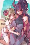  2girls absurdres animal_ears bare_shoulders black_hair braid breasts collarbone colored_inner_hair commentary_request curled_horns dragon_girl dragon_horns goat_ears goat_girl green_hair highres horns iroi_(nte) iroi_(summer_dream)_(nte) large_breasts long_hair looking_at_viewer multicolored_hair multiple_girls neverness_to_everness official_alternate_costume open_mouth pink_hair pink_streaks riyoru shinku_(dawn_patrol)_(nte) shinku_(nte) small_breasts streaked_hair twin_braids 