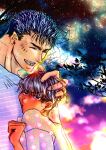 1boy 1girl ^_^ absurdres berserk black_hair casca_(berserk) closed_eyes commentary_request dark-skinned_female dark_skin guts_(berserk) highres hug kame_(jeycobsry) outdoors scar scar_on_face scar_on_nose shirt short_hair 