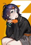  1girl absurdres belle_(zenless_zone_zero) black_shirt blue_hair commentary crossed_bangs earrings elbow_on_thigh elbow_rest fingerless_gloves gloves green_eyes hair_between_eyes hair_ornament head_on_hands head_rest highres jewelry letter_hair_ornament looking_at_viewer lx.hk orange_gloves romaji_commentary shirt short_hair single_fingerless_glove single_glove sitting smile solo zenless_zone_zero 