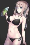  1girl bangs bikini black_background black_bikini blonde_hair blue_eyes bottle breasts hair_ribbon halterneck hibi_tsuna highres long_hair looking_at_viewer medium_breasts mole mole_under_eye navel original ponytail ribbon side-tie_bikini solo string_bikini swimsuit water_bottle 