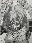  1girl annie_leonhardt artist_logo bangs breasts drawing face female_titan graphite_(medium) grimace handy-y-mage highres holding_hands looking_at_viewer monochrome muscular self_upload shading shingeki_no_kyojin short_hair solo teeth traditional_media upper_body 