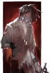  1boy azongni2 backlighting black_pants border brown_hair chinese_commentary commentary_request cowboy_shot highres holding holding_sword holding_weapon lunacid mask messy_hair metal_mask metal_wrist_cuffs mouth_mask open_clothes open_shirt pants player_character_(lunacid) pointy_ears red_background red_eyes scar scar_on_cheek scar_on_face shirt short_hair sword torn_clothes torn_shirt weapon white_border white_shirt wrist_cuffs 