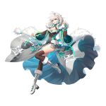  1girl alitea_(ragnarok_online) antenna_hair black_shirt boots braid breasts brown_shrug brown_thighhighs cape cleavage clothing_cutout full_body fur-trimmed_boots fur_cape fur_trim green_sleeves grey_hair grey_skirt highres hip_vent long_hair long_sleeves looking_at_viewer medium_breasts official_art open_mouth ragnarok_online shirt showgirl_skirt shrug_(clothing) simple_background single_braid skirt smile solo standing standing_on_one_leg tachi-e taruk thighhighs transparent_background white_boots white_cape wide_sleeves yellow_eyes 