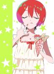  1girl :q amate_yuzuriha closed_mouth commentary dress eating euph0ria_105 food gundam gundam_gquuuuuux happy highres holding holding_food licking necktie red_hair short_hair sleeveless sleeveless_dress smile solo tongue tongue_out untranslatable_commentary upper_body 