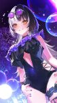  1girl :d absurdres aerial_fireworks black_hair black_one-piece_swimsuit blunt_bangs breasts bubble casual_one-piece_swimsuit commentary english_commentary eyewear_on_head fireworks frilled_one-piece_swimsuit frilled_thigh_strap frills grey_hair grin highres hololive hololive_dreams hololive_english large_breasts long_hair looking_at_viewer multicolored_hair night official_alternate_costume one-piece_swimsuit outdoors purple-tinted_eyewear round_eyewear shiori_novella shiori_novella_(archived_night_pool) smile solo split-color_hair sunglasses swimsuit thekaiyip thigh_strap tinted_eyewear two-tone_hair virtual_youtuber yellow_eyes 