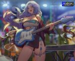  1girl aqua_eyes bare_shoulders breasts choker cleavage collar crop_top drum drum_set guitar highres instrument large_breasts microphone music navel original piano playing_instrument plectrum purple_hair rock_band see-through skindentation skirt sleeveless stage stage_lights subong thick_thighs thigh_strap thighs 