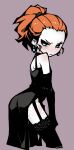 >:( 1girl akableak ass back bare_shoulders black_choker black_dress black_gloves black_thighhighs blue_eyes blush body_freckles charlotte_(akableak) choker closed_mouth commentary cowboy_shot dress earrings elbow_gloves embarrassed english_commentary flat_chest freckles garter_straps gloves hair_pulled_back highres jewelry lace-trimmed_thighhighs lace_garter_straps lace_trim looking_at_viewer orange_hair original shoulder_freckles simple_background solo thighhighs v-shaped_eyebrows 