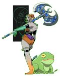  absurdres armlet ass_peek asymmetrical_arms axe barefoot blonde_hair colored_skin dress frinos_(hades) frog glowing_feet greco-roman_clothes green_arm green_lips grey_skin hades_(series) hades_2 highres holding holding_axe horizontal_pupils jewelry laurel_crown melinoe_(hades) mitchell_hammond orange_dress over_shoulder see-through_body short_hair skeletal_arm smile standing thighlet weapon weapon_over_shoulder wide_mouth 