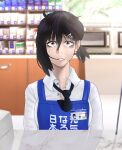 1girl absurdres apron asymmetrical_hair black_hair black_necktie blookwashinda blue_apron blurry blurry_background breasts cashier chainsaw_man collared_shirt commentary_request convenience_store employee_uniform english_commentary grey_eyes hair_between_eyes hair_ornament hairclip higashiyama_kobeni highres indoors lawson long_sleeves looking_at_viewer medium_breasts mixed-language_commentary mole mole_under_mouth name_tag necktie parted_lips shirt shop solo store_clerk sweatdrop tearing_up upper_body white_shirt 