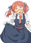  1girl absurdres alternate_costume alternate_hairstyle blue_ribbon blush collared_shirt dress embarrassed enmaided eyebrows_visible_through_hair glasses gloves hair_ribbon highres holding holding_clothes holding_dress kobayashi-san_chi_no_maidragon kobayashi_(maidragon) kobayashi_sun_(artist) looking_at_viewer maid maid_headdress medium_hair necktie open_mouth red_hair red_neckwear ribbon shirt short_twintails simple_background solo tied_hair twintails white_background white_gloves white_shirt yellow_eyes 