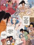  1girl 2boys arms_behind_head beach black_hair blue_hair blush bridal_veil brown_eyes brown_shorts commentary dress english_text fairy_tail gajeel_redfox hat headband highres holding holding_hands holding_ladle ladle levy_mcgarden long_hair multiple_boys multiple_views nightgown panties pink_dress ponytail rusky shorts sidelocks smile squatting underwear veil yellow_dress 