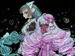  2girls :d apron ascot black_background black_romper bow bowtie braid braided_ponytail commentary_request dark-skinned_female dark_skin dress fascinator frilled_ascot frills green_hair highres horimhkw11 jacinthe_(pokemon) juliet_sleeves lebanne_(pokemon) long_hair long_sleeves looking_at_another looking_at_viewer low_drills maid_apron multiple_girls open_mouth pokemon pokemon_legends:_z-a puffy_sleeves purple_dress purple_eyes purple_hair red_eyes romper simple_background smile standing upper_body very_dark_skin very_long_braid white_bow white_bowtie 