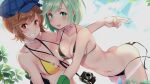  2girls areola_slip areolae bangs bare_shoulders between_breasts bikini blouse blush breasts brown_eyes camera choker cleavage collarbone cutie_honey cutie_honey_universe dual_persona earrings eyelashes flash_honey gloves green_eyes green_gloves green_hair grin hat hug idol_honey jewelry kujou_ichiso leaf looking_at_viewer medium_breasts midriff multiple_girls navel official_art open_mouth outdoors parted_bangs raised_eyebrows shirt short_hair sidelocks smile strap_between_breasts sunlight swimsuit torn_clothes v yellow_bikini yellow_shirt 