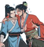  2boys all_wishes_come_true! alternate_hairstyle arm_around_shoulder arm_wrap black_hair black_pants black_sash black_skirt blue_hanfu blue_trim blush chinese_clothes commentary cowboy_shot crossdressing crossdressing_(mtf) earrings eye_contact facial_hair green_sash hair_bun hair_ornament hair_pulled_back hair_ribbon hand_fan hand_on_another's_shoulder hanfu high_ponytail highres holding holding_fan index_finger_raised jewelry kuji-in layered_sleeves leaf_belt leaf_fan leaf_hair_ornament leaf_ornament ln_(yc24720223) long_hair long_sleeves looking_at_another lv_dongbin_(all_wishes_come_true!) male_focus multiple_boys mustache_stubble necklace open_mouth pants parted_lips pectoral_cleavage pectorals ponytail red_hanfu red_ribbon red_sash ribbon robe sash sidelocks simple_background single_hair_bun sitting skirt smile sparkle stubble untranslatable_commentary updo white_background wide_sleeves yaoi yaopei zhongli_quan_(all_wishes_come_true!) 