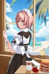  1girl absurdres apron beach black_dress blue_eyes blue_sky brown_hair cafe candy cloud cloudy_sky coffee commentary_request cup dress food frilled_apron frills highres honkai_(series) honkai_impact_3rd lantern_(at_your_service)_(honkai_impact) lantern_(honkai_impact) lollipop maid maid_apron maid_headdress mug outdoors sand short_hair sky smxing_(user_sumujiu) solo water white_apron 