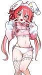  1girl akane_lize alt_text animal_ears bikini blonde_streaks blush braid commentary_request cropped_shirt detached_sleeves double-parted_bangs double_v fake_animal_ears fangs feet_out_of_frame fishnet_thighhighs fishnets frilled_thigh_strap grey_eyes hair_between_eyes hands_up highres korean_commentary long_hair long_sleeves looking_at_viewer maid_headdress mole mole_under_eye multicolored_hair navel open_mouth pink_shirt pink_sleeves rabbit_ears red_hair red_pupils sammi_(33ammi) shirt simple_background single_thighhigh smile solo standing stellive straight_hair streaked_hair swimsuit thigh_strap thighhighs twintails v v-shaped_eyebrows very_long_hair virtual_youtuber white_background white_bikini white_thighhighs 