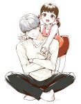  1boy 1girl black_pants blush brown_eyes brown_hair child closed_mouth commentary cousins crossed_arms doujima_nanako dress full_body grey_eyes grey_hair highres indian_style long_sleeves looking_at_viewer narukami_yu open_mouth pants persona persona_4 seisorrna shirt short_hair short_twintails simple_background sitting smile socks standing twintails untranslatable_commentary white_background white_shirt 