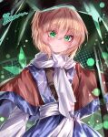  1girl absurdres blonde_hair blush brown_shirt closed_mouth commentary eyes_visible_through_hair green_eyes hair_between_eyes highres long_sleeves looking_at_viewer medium_hair mizuhashi_parsee sash scarf shirt signature solo top-exerou touhou waist_sash white_sash white_scarf 