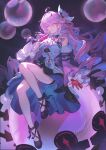  1girl absurdres bilibili_21996047 black_dress black_shoes blue_hair bubble chinese_commentary closed_mouth colored_inner_hair commentary_request denia_(wuthering_waves) detached_sleeves dress full_body gloves highres looking_at_viewer multicolored_hair pink_hair pink_sleeves pointing_at_mouth purple_eyes red_gloves shirt shoes sky sleeveless sleeveless_dress solo white_shirt wuthering_waves 