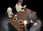  1boy 2girls absurdres black_necktie bowl brother_and_sister chopsticks collar earrings from_above game_asset hasuya's_mother_(imouto_tasha_paranoia) hasuya_(imouto_tasha_paranoia) highres holding holding_bowl holding_chopsticks hood hood_down hoodie imouto_tasha_paranoia jewelry long_sleeves looking_at_phone miso_soup mother_and_child mother_and_daughter mother_and_son multiple_girls necktie no_pupils non-web_source official_art ohisashiburi parent_and_child phone rice_bowl sahana_(imouto_tasha_paranoia) self-datamine shirt siblings sitting table two_side_up visual_novel_cg white_collar white_shirt 