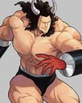  1boy abs broad_shoulders brown_hair buffaloman commentary curly_hair highres horns kinnikuman male_focus muscular muscular_male piyo simple_background solo veins veiny_arms veiny_thighs wrestler wrestling_trunks 