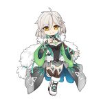  1girl alitea_(ragnarok_online) antenna_hair black_shirt boots braid breasts brown_shrug brown_thighhighs cape chibi chibi_only cleavage clothing_cutout full_body fur-trimmed_boots fur_cape fur_trim green_sleeves grey_hair grey_skirt hip_vent long_hair long_sleeves looking_at_viewer medium_breasts official_art open_mouth ragnarok_online shirt showgirl_skirt shrug_(clothing) simple_background single_braid skirt smile solo standing standing_on_one_leg tachi-e thighhighs transparent_background white_boots white_cape wide_sleeves yellow_eyes yuichirou 