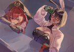 2girls alcohol animal_ear_hairband animal_ears bare_shoulders beer beer_can black_gloves black_hair bob_cut breasts can cleavage closed_eyes coat detached_collar detached_sleeves drink_can drooling dutch_angle fake_animal_ears frills glasses gloves goddess_of_victory:_nikke hair_ornament hairband hat highres leaning_back leaning_on_table mana_(drunken_rabbit)_(nikke) mana_(nikke) mast_(nikke) mast_(romantic_maid)_(nikke) multiple_girls nngw_123 open_mouth pirate_hat playboy_bunny rabbit_ear_hairband rabbit_ears red_hair spill two_side_up 