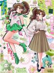  2girls absurdres artist_name back_bow bishoujo_senshi_sailor_moon blue_shoes boots bottle bow brooch brown_hair brown_sailor_collar brown_skirt cameo can character_name chibi_totoro choker circlet collage_(medium) collage_background commentary commission covered_navel deviantart_username drink_can dual_persona earrings elbow_gloves english_commentary english_text gem gloves green_boots green_choker green_eyes green_sailor_collar green_skirt hair_bobbles hair_ornament hand_up hands_on_own_hips hatsune_miku heart heart_brooch hello_kitty hello_kitty_(character) high_heel_boots high_heels high_ponytail highres isosceless jewelry kino_makoto kino_makoto's_school_uniform koiwai_yotsuba leg_up leotard long_hair long_skirt long_sleeves looking_at_viewer magical_girl miniskirt mixed_media multiple_girls my_melody my_melody_(series) naganohara_mio nichijou parted_bangs pink_bow pleated_skirt ponytail sailor_collar sailor_jupiter sailor_senshi_uniform sanrio school_uniform serafuku shirt shoes skirt smile speech_bubble standing star_(symbol) star_choker stud_earrings super_sailor_jupiter tokisadame_school_uniform tonari_no_totoro totoro vocaloid watermark web_address whimsy_twee white_gloves white_leotard white_shirt yotsubato! 