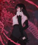  1girl arms_behind_back ass belt black_belt black_gloves black_hair black_pants chainsaw_man commentary cross_scar elbow_gloves elfreiart english_commentary from_behind gloves lips long_hair looking_at_viewer pants red_eyes ringed_eyes scar scar_on_cheek scar_on_face scar_on_nose shirt skirt solo torn_clothes torn_shirt white_shirt yoru_(chainsaw_man) 