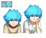  1girl :< animal_ears animification blue_eyes blue_hair cat_boy cat_ears cat_girl commentary gumball_watterson hetareman highres humanization looking_at_viewer mother_and_child mother_and_son nicole_watterson parent_and_child shirt short_hair simple_background spiked_hair the_amazing_world_of_gumball untranslatable_commentary white_shirt 