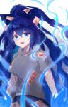  1girl absurdres bangle blue_bow blue_eyes blue_fire blue_hair blue_skirt bluerhozu bow bracelet commentary_request fire grey_hoodie hair_bow highres hood hoodie jewelry long_hair looking_at_viewer open_mouth short_sleeves skirt solo teeth touhou upper_teeth_only very_long_hair yorigami_shion 