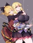  2girls :q arthropod_girl arthropod_limbs black_bow black_shirt blonde_hair bow breasts brown_dress closed_mouth commentary_request dress green_eyes green_nails grey_background hair_bow highres hug hug_from_behind kurodani_yamame large_breasts mizuhashi_parsee multiple_girls nail_polish pinafore_dress pointy_ears raptor7 revision shirt simple_background sleeveless sleeveless_dress smile spider_girl tongue tongue_out touhou yellow_eyes yellow_nails 