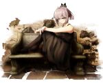  1girl bare_shoulders bench blush closed_mouth collarbone crr001 dress expressionless girls&#039;_frontline grey_eyes hand_on_legs highres looking_at_viewer m200_(girls&#039;_frontline) official_alternate_costume pantyhose ponytail short_hair silver_hair simple_background sitting solo tied_hair 