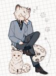  1boy absurdres aged_down animal_ear_fluff animal_ears arknights arrow_(symbol) black_shirt black_socks brown_shoes cardigan chinese_commentary commentary_request crossed_legs grey_cardigan grey_pants grid_background head_rest highres leyuanzhuifang loafers long_sleeves looking_at_viewer male_focus one_eye_closed pants paw_print shadow shirt shoes silverash_(arknights) silverash_(young)_(arknights) simple_background snow_leopard snow_leopard_boy snow_leopard_ears snow_leopard_tail socks solo tail thigh_strap white_background white_hair zzz 