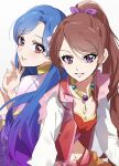  2girls :d absurdres aikatsu!_(series) alternate_hairstyle back-to-back bangs blue_hair blush bow breasts brown_hair crop_top eyebrows_visible_through_hair gradient_hair grey_background hair_bow high_ponytail highres indian_clothes jewelry katsu_(kana) kazesawa_sora long_hair long_sleeves looking_at_viewer looking_back medium_breasts mole mole_under_mouth multicolored_hair multiple_girls navel necklace open_mouth parted_bangs parted_lips ponytail purple_bow purple_eyes red_eyes shibuki_ran sidelocks sitting smile stomach swept_bangs upper_body 