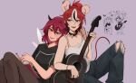  2girls animal_ear_fluff animal_ear_piercing animal_ears black_hair black_pants black_shirt black_streaks blue_eyes bracelet breasts brown_pants chair choker cleavage commentary crystal_wings double-parted_bangs english_commentary eraser fangs guitar hair_between_eyes hair_bun hakos_baelz heterochromia highres holding holding_notebook hololive hololive_english instrument irys_(hololive) jewelry leaning_on_person lucesamaaa medium_breasts mouse_ears mouse_girl mouse_tail multicolored_hair multiple_girls notebook open_mouth pants parallel_piercings pencil pink_eyes playing_guitar playing_instrument ponytail purple_hair red_hair sharp_teeth shirt singing sitting sketch_inset spiked_choker spikes streaked_hair tail tail_wagging tank_top teeth torn_clothes torn_pants virtual_youtuber white_hair white_tank_top wings writing yuri 