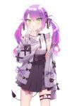  1girl :o blush bow breasts cardigan chamu_(zari_gani3) collared_shirt frilled_shirt frills green_eyes grey_bow grey_cardigan highres hololive medium_breasts open_mouth purple_bow purple_hair shirt sleeveless sleeveless_shirt sleeves_past_fingers sleeves_past_wrists solo suspenders thigh_strap thigh_tattoo tokoyami_towa twintails virtual_youtuber white_shirt 