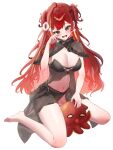  1girl absurdres ahoge akane_lize arm_at_side babydoll barefoot black_babydoll black_bow black_bowtie black_capelet black_panties black_sarong blonde_streaks bow bow_panties bowtie breasts capelet commentary_request double-parted_bangs full_body grey_eyes hand_up highres korean_commentary large_breasts lingerie long_hair looking_at_viewer mole mole_on_breast multicolored_hair navel panties pienna_(akane_lize) red_hair sarong see-through_babydoll see-through_capelet see-through_clothes see-through_sarong setia_(444mr1) simple_background sitting solo stellive stomach strapless streaked_hair transparent_background two_side_up underwear underwear_only very_long_hair wariza 