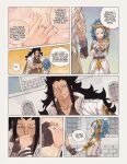  1boy 1girl 7koma belt black_hair blue_hair coat commentary crossed_arms fairy_tail fingerless_gloves gajeel_redfox gloves hand_grab headband highres jewelry kiss kissing_hand levy_mcgarden notice_lines ring rusky 