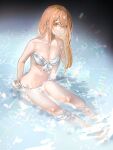  1girl bandeau bare_arms bare_legs barefoot bikini breasts cleavage collarbone copyright_request expressionless facial_mark forehead_mark front-tie_top full_body hair_over_one_eye highres long_hair looking_at_viewer nanaponi navel orange_eyes orange_hair parted_lips partially_submerged side-tie_bikini sitting small_breasts solo strapless strapless_bikini swimsuit symbol-only_commentary water white_bikini 