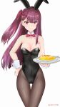 1girl absurdres animal_ears black_legwear black_leotard bow bowtie breasts cleavage commentary_request cowboy_shot detached_collar food girls&#039;_frontline half_updo highres holding holding_plate leotard long_hair looking_at_viewer medium_breasts omelet omurice pantyhose plate playboy_bunny purple_hair rabbit_ears rasen_manga red_eyes red_neckwear simple_background solo standing strapless strapless_leotard thigh_gap wa2000_(girls&#039;_frontline) white_background wrist_cuffs 